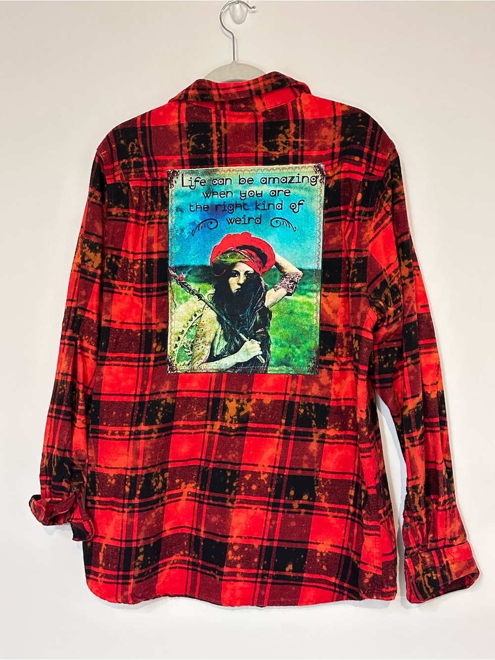 Angry Minnow Flannel Red Distressed Plaid Button Down Shirt Graphic Back Print - Picture 2 of 5